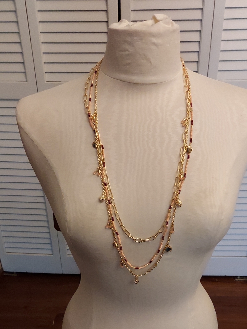Gold-Tone Layered Necklace with Red Bead Accents